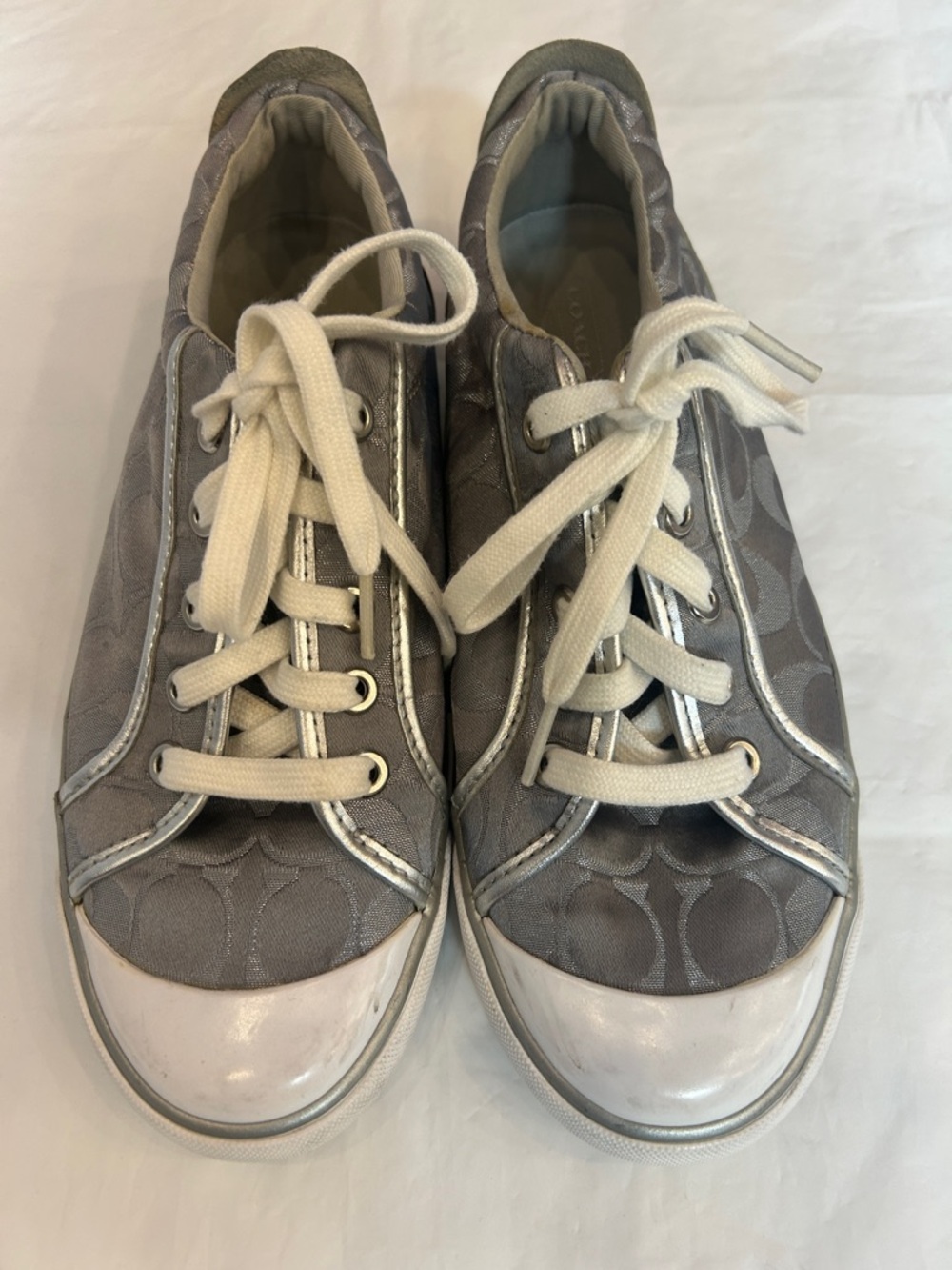 Coach Silver Logo-Print Low Top Sneakers with White Laces